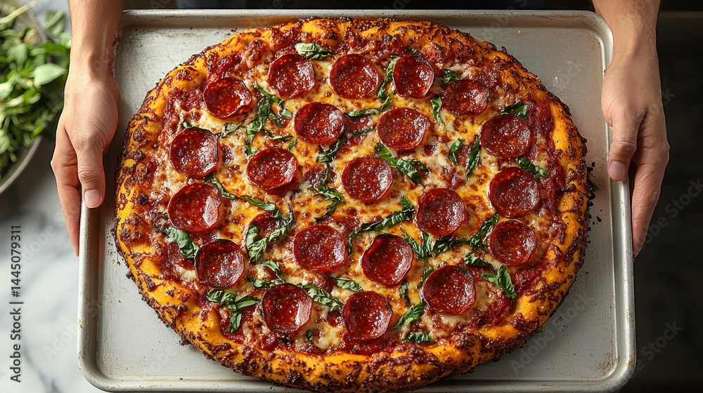 Delicious pepperoni pizza on a baking sheet, held by hands.