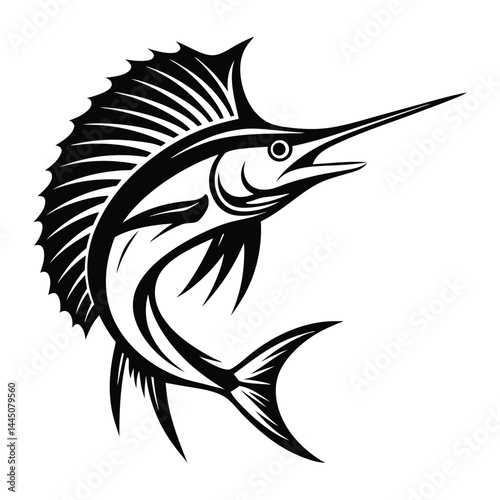 Swordfish Silhouette Illustration, Marine Life Icon, Black and White Sea Animal Design