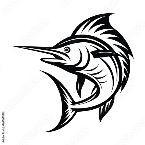 Swordfish Silhouette, Marine Life, Ocean Animal, Fishing Mascot, Black and White Design