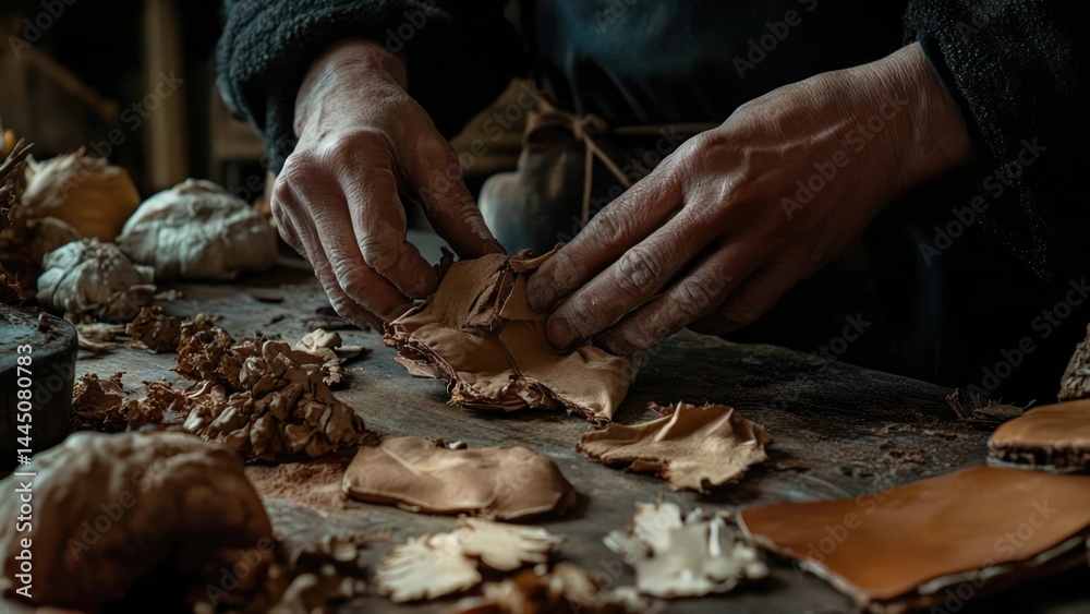 A person working on a piece of leather with various tools and materials