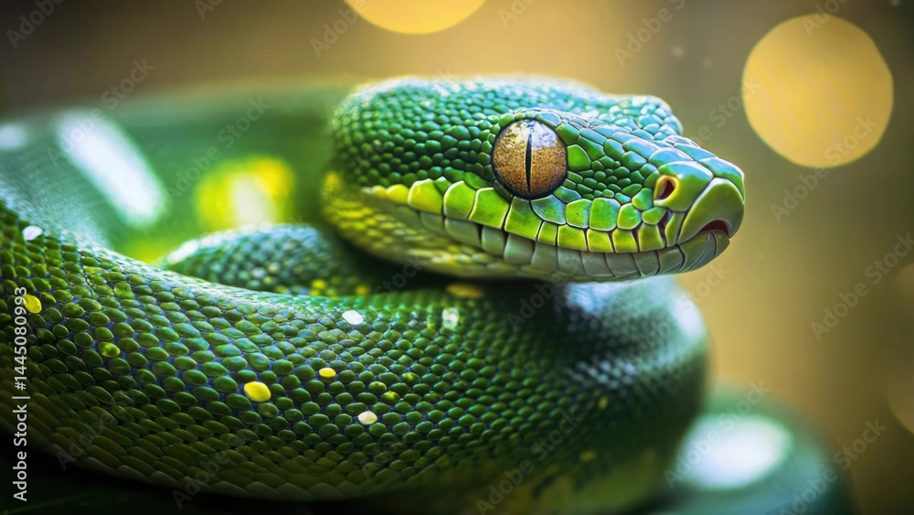 A close-up shot of a green snake sitting on a plate, ready for capture or display