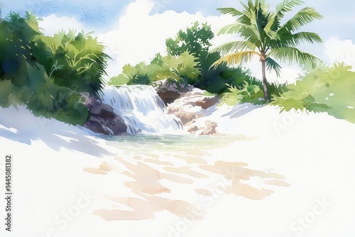 Vibrant tropical watercolor waterfall texture with crystal-like details, ideal for digital art or background use.