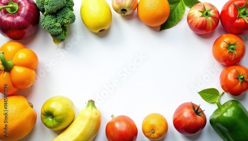 Variety of organic fruits and vegetables on white background, natural, ripe