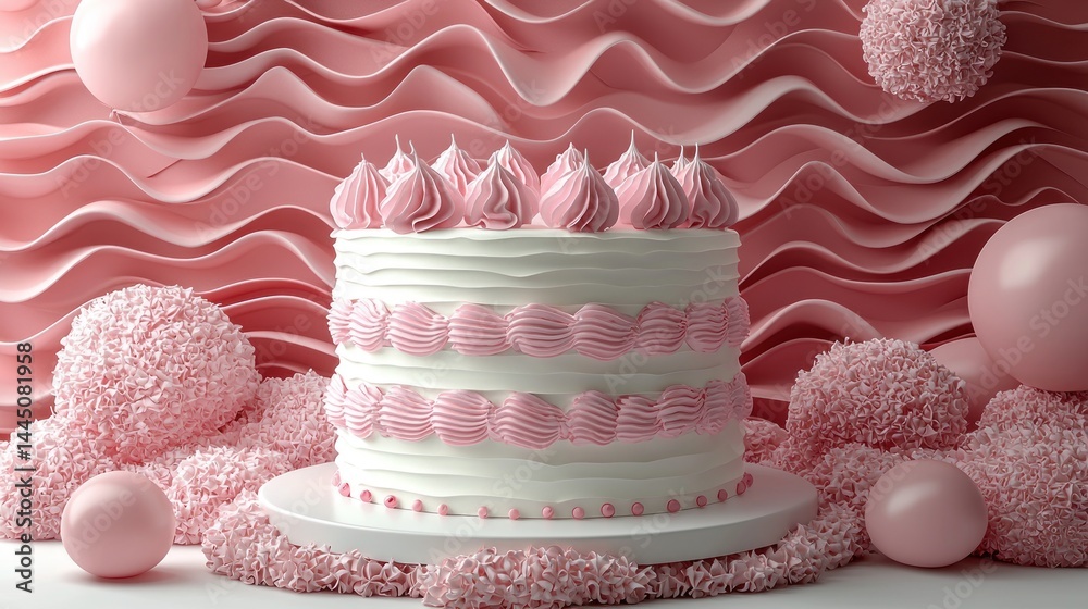 Delicious two-layered pink buttercream frosted cake on a white cake stand, surrounded by pink spheres and fluffy decorations against a wavy pink background.
