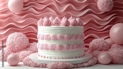 Delicious two-layered pink buttercream frosted cake on a white cake stand, surrounded by pink spheres and fluffy decorations against a wavy pink background.