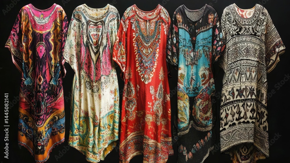A row of dresses hanging on a rack, various styles and colors