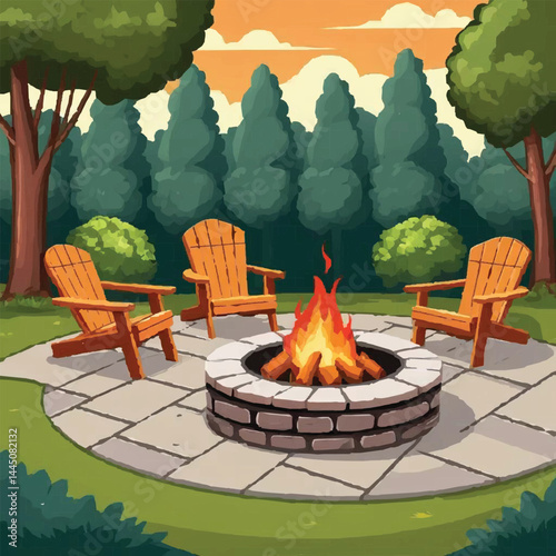 Beautiful garden landscape illustration featuring vibrant flowers, blooming plants, green lawns, serene outdoor spaces, garden pathways, spring blossoms, and lush greenery around a peaceful home