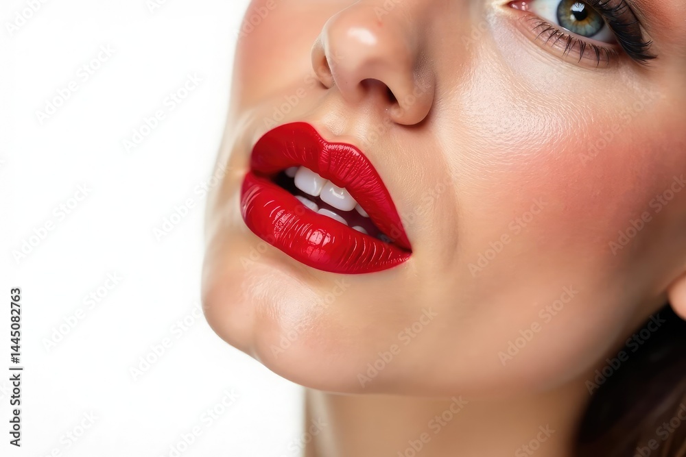 Naklejka premium Bold red lipstick against pure white backdrop , shiny, macro