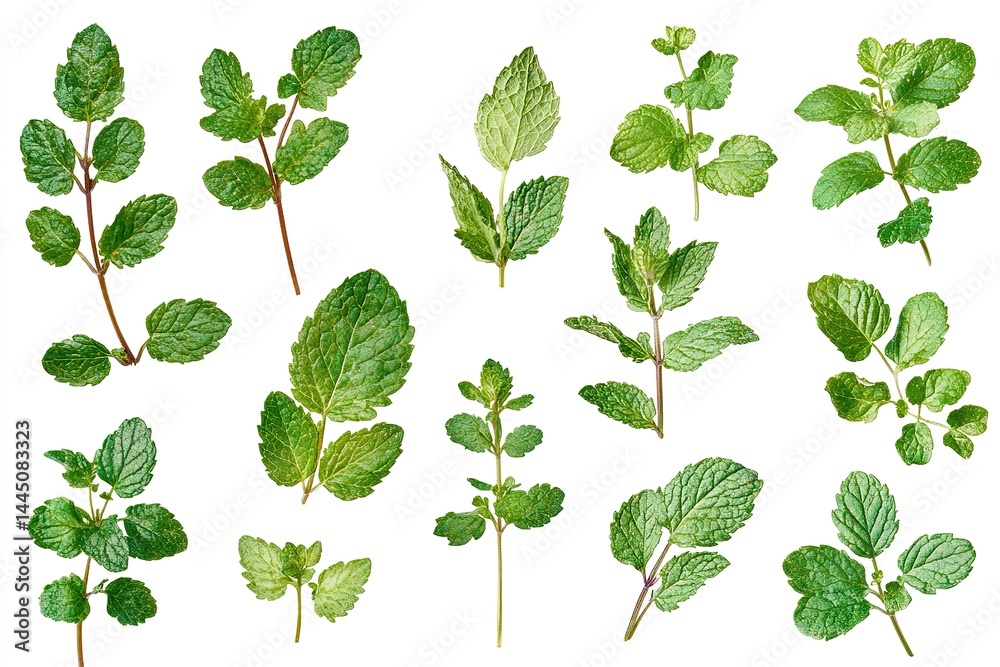 Fresh Green Mint Leaves and Stems Isolated on White Background. Culinary Herb Set Fresh Green Mint Leaves and Stems Isolated on White Background. Culinary Herb Set