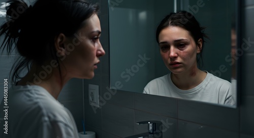 Sad woman looking in mirror reflection in bathroom upset anxious stressed depression mental health awareness