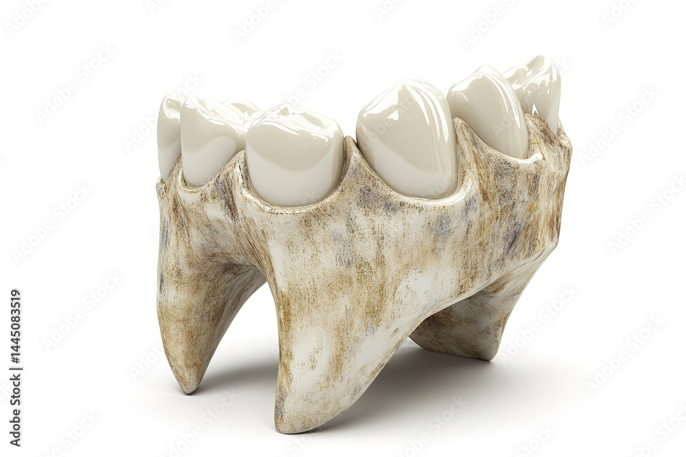 Naklejka premium Jawbone with Teeth Isolated on White, Anatomical Dental Structure, Bone Texture, White Teeth