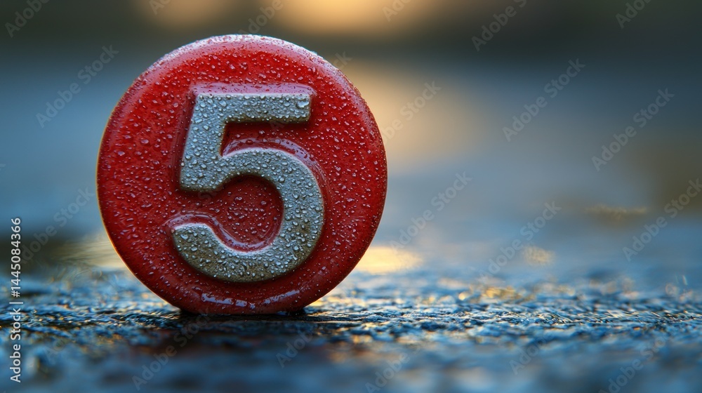 Dew-covered red circle with the number five.