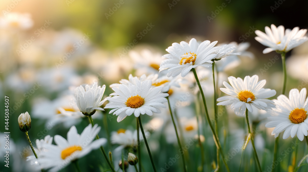 Field of Fresh Daisies Covered in Dewdrops with Warm Morning Sunlight and Soft Bokeh in a Serene Spring Meadow Field of Fresh Daisies Covered in Dewdrops with Warm Morning Sunlight and Soft Bokeh in a Serene Spring Meadow