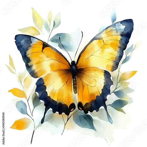 illustration of Butterfly Resting On A Branch, watercolor vector, isolated on a white background.