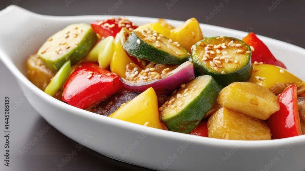 A colorful dish of stir-fried vegetables and pineapple garnished with sesame seeds, served in a white oval bowl. A colorful dish of stir-fried vegetables and pineapple garnished with sesame seeds, served in a white oval bowl.