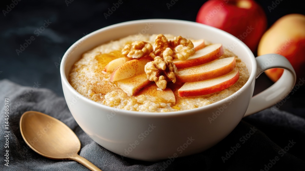 A bowl of oatmeal topped with sliced apples and walnuts, placed beside a gold spoon and fresh apples in the background. A bowl of oatmeal topped with sliced apples and walnuts, placed beside a gold spoon and fresh apples in the background.