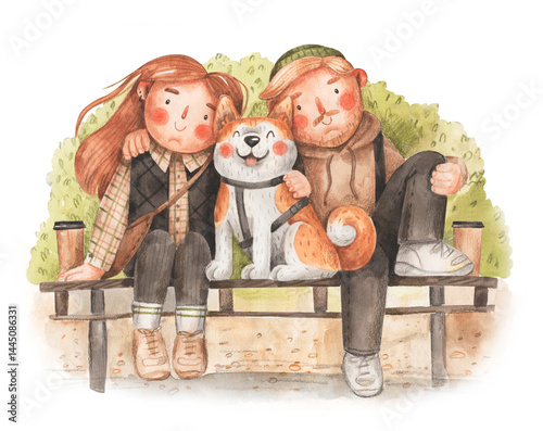 Couple with dog sit on the dock. Cute hand-drawn cartoon illustration for greeting card. Watercolor painting of happy family.  Young woman, man and akita inu dog. 