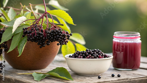 Vibrant black elderberries in a fresh garden setting, with rustic charm and wholesome juice for a natural, healthy lifestyle