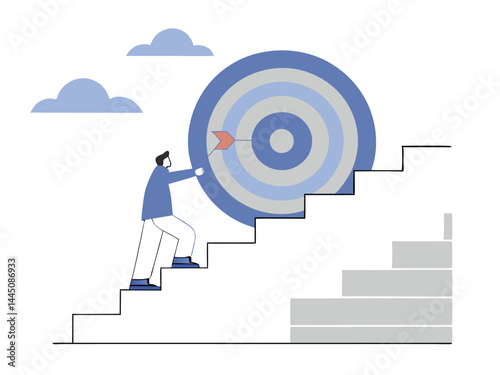 Goal Achievement Icon – Man Climbing Steps Toward a Target Representing Success, Progress, and Motivation