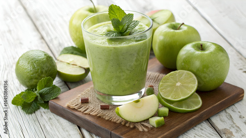 Crisp green smoothie made with fresh apples and limes, displayed in a wholesome rustic setting with a refreshing mint garnish for a healthy detox drink.