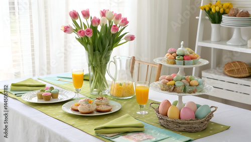 Festive Easter brunch table featuring a colorful tulip centerpiece, pastel decorations, and a bright dining room for a cheerful spring celebration