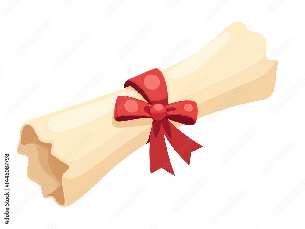 Rolled-up certificate tied with red ribbon, 3D icon symbolizing achievement, graduation, diploma, and award. Generative AI