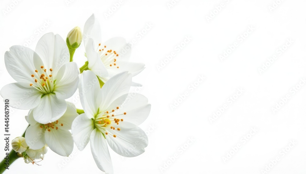 Fototapeta premium Delicate white flower blossoms against pure white backdrop, closeup, tranquil, white background