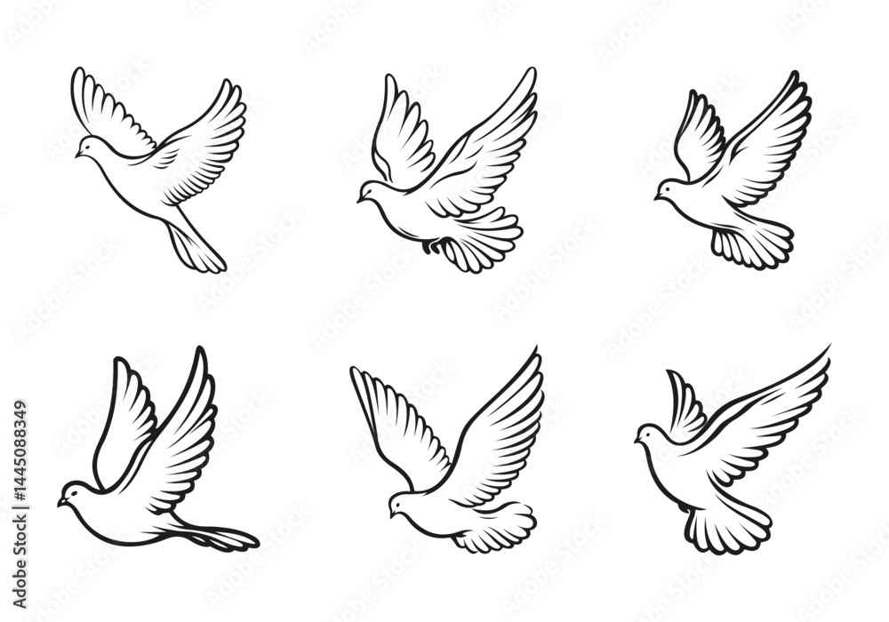 Fototapeta premium Peace Dove Silhouettes Vector Illustration. vector, fly, freedom, hope, wings, animal