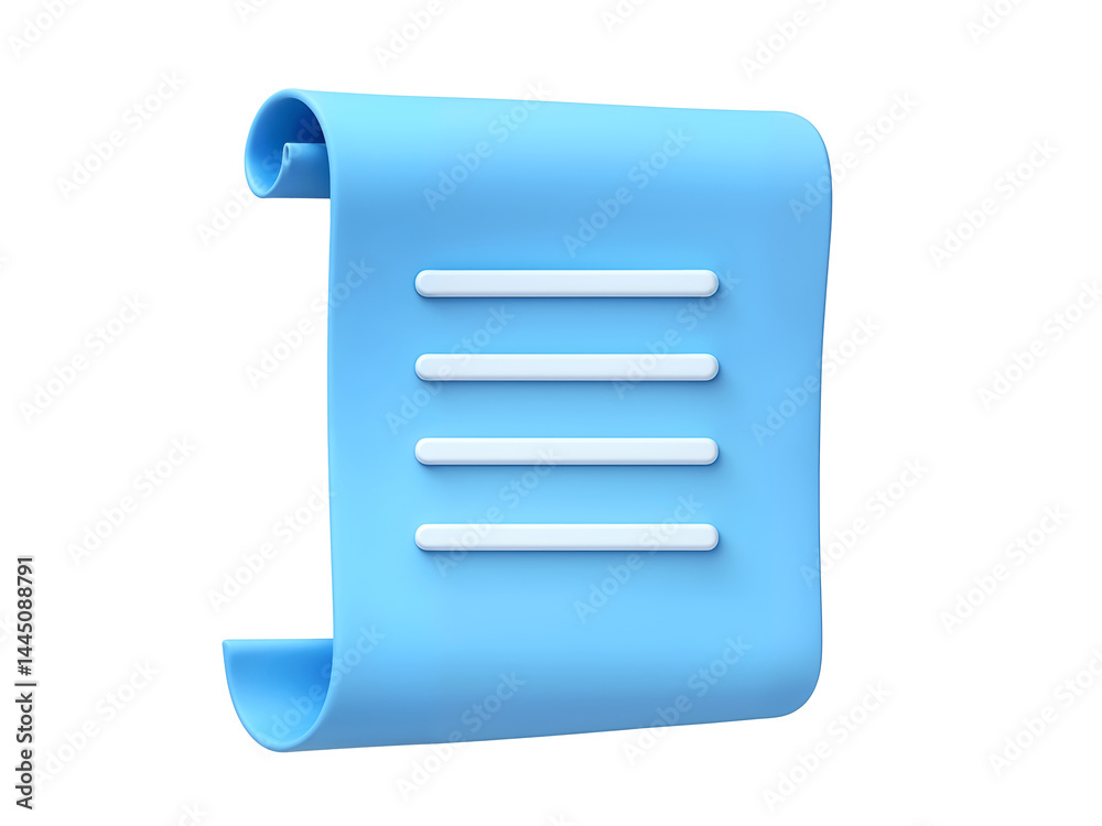 3D blue paper scroll with text lines, symbolizing communication, data, record, and digital documentation. Generative AI
