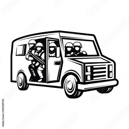 Squad of SWAT Police Team Members in Van Ready for Action in Bold Black and White Style