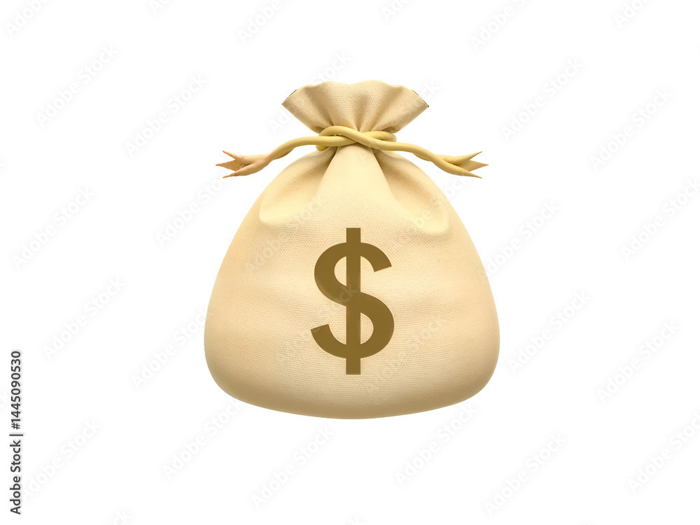 3D money bag icon with a gold dollar symbol, representing wealth, business, banking, and financial success. Generative AI