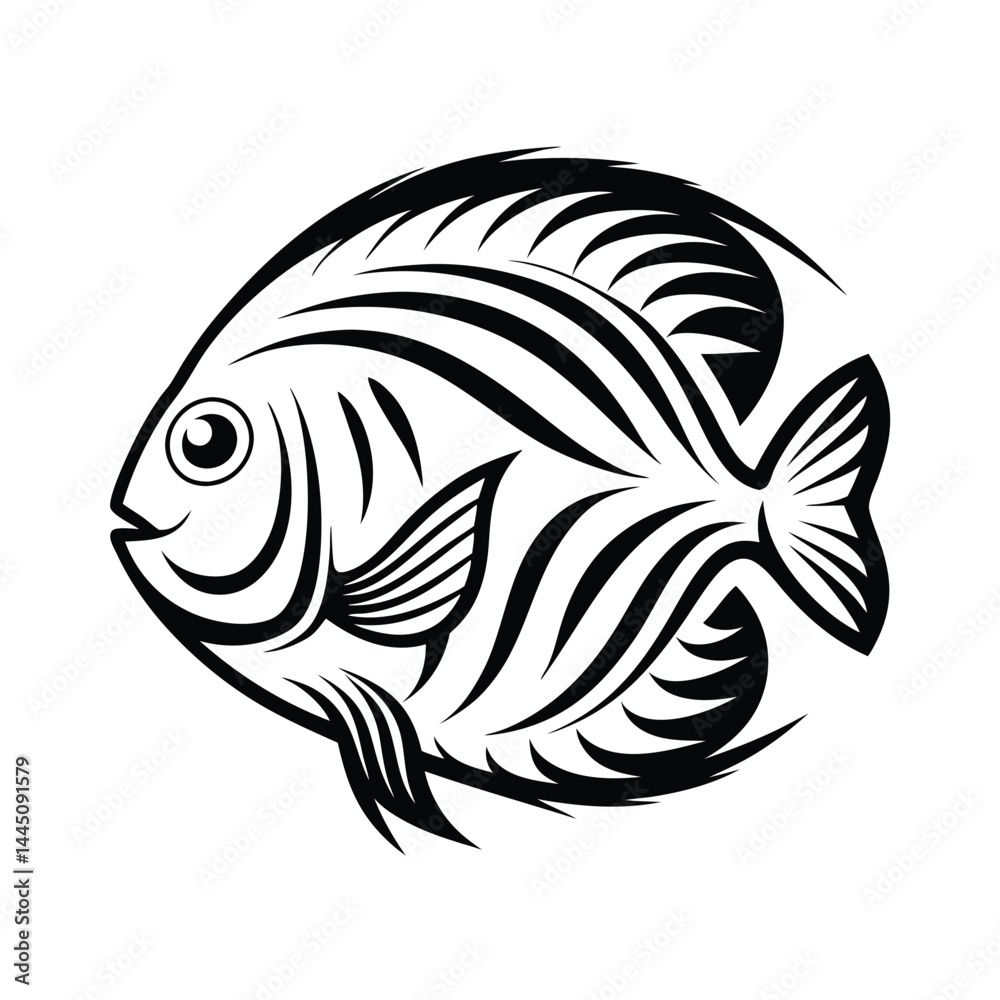 Fish, Black Silhouette, Abstract Style, Rounded Body Shape, Aquatic Animal, Outline Art Fish, Black Silhouette, Abstract Style, Rounded Body Shape, Aquatic Animal, Outline Art