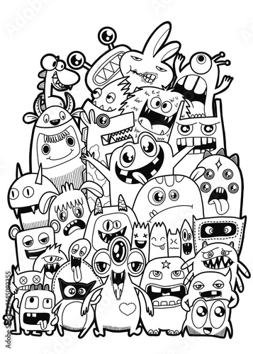 Hand-drawn illustrations, monsters doodle, Hand Drawn cartoon monster illustration,Cartoon crowd doodle hand-drawn Doodle style.black and white stripes coloring  book.