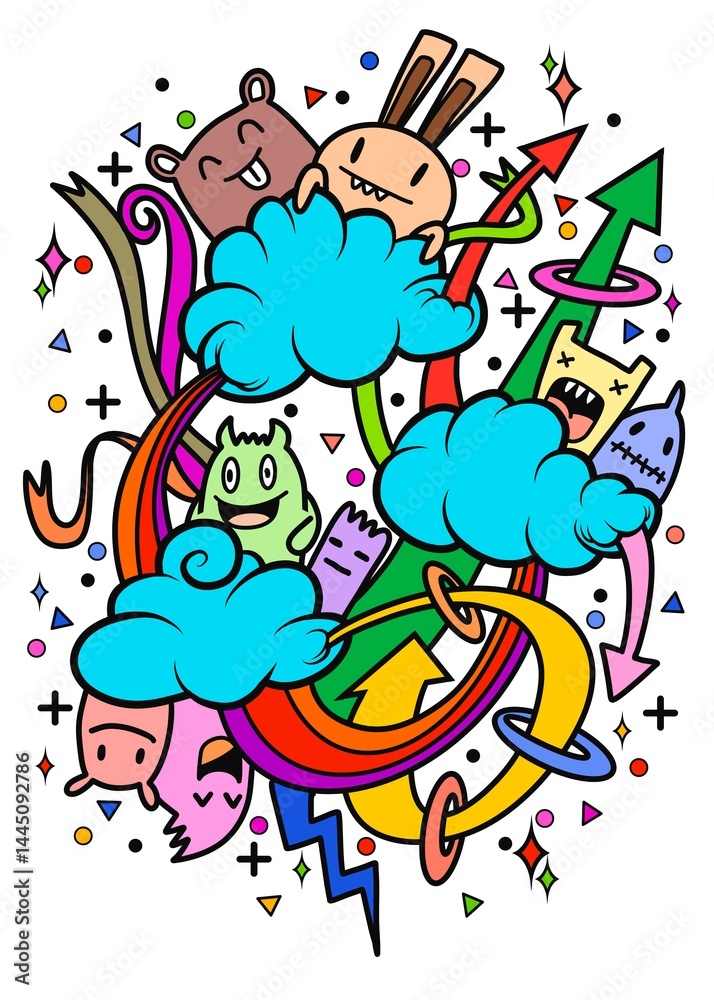 Obraz premium Hand-drawn illustrations, monsters doodle, Hand Drawn cartoon monster illustration,Cartoon crowd doodle hand-drawn Doodle style.