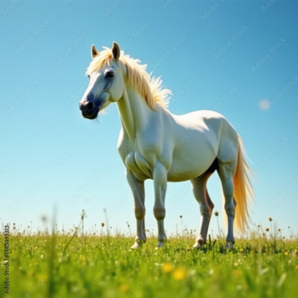 Obraz premium White horse with flowing mane and tail stands alone in a meadow, horse, landscape, grass