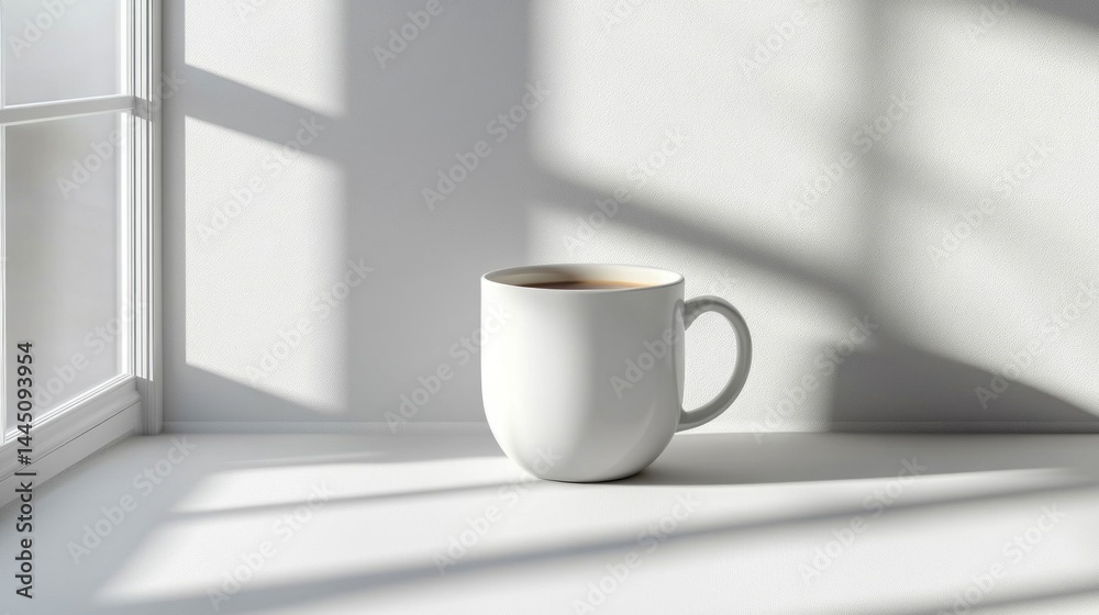 White Mug of Coffee in Sunlight by Window White Mug of Coffee in Sunlight by Window