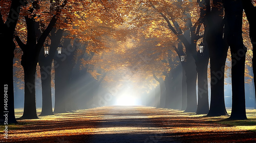 Autumnal Path: Golden Leaves and Misty Dawn Light