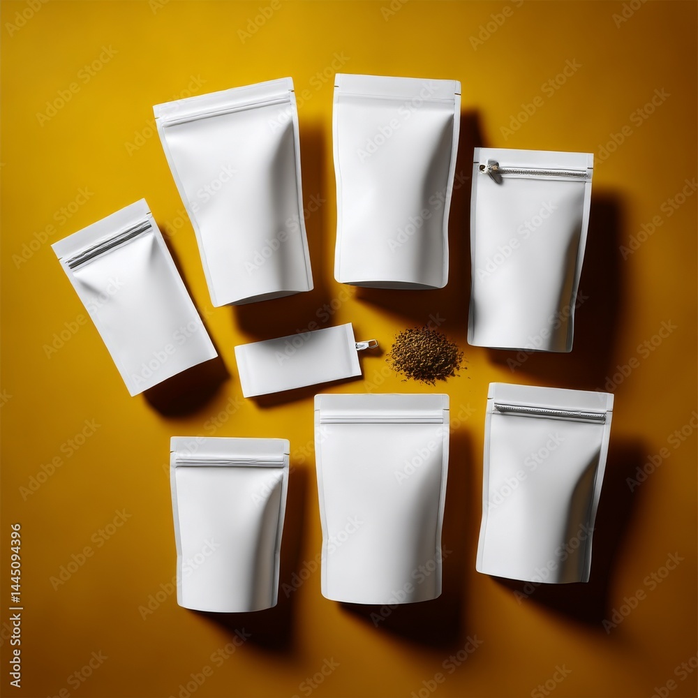 White Pouches Packaging Mockup for Brand Promotion on Yellow Background for Product Marketing and Design