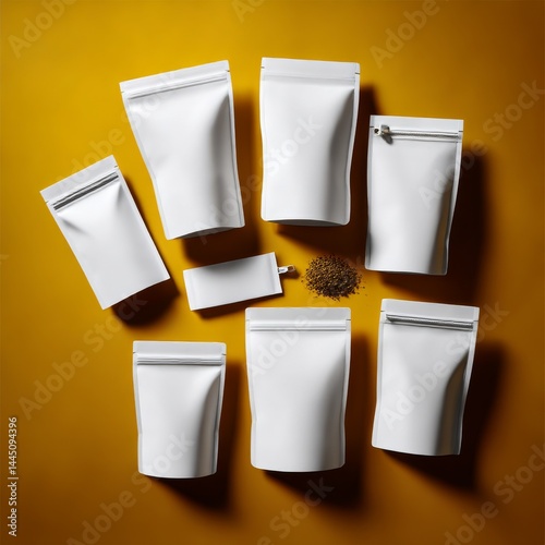 Obraz na płótnie White Pouches Packaging Mockup for Brand Promotion on Yellow Background for Product Marketing and Design w salonie