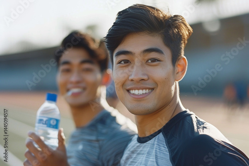 BEAUTIFUL fit and attractive Indian gentleman hydrates himself with water post-workout in stadium, while beautiful youthful Asian man refreshes himself with water after beautiful vigorous outdoor jog 