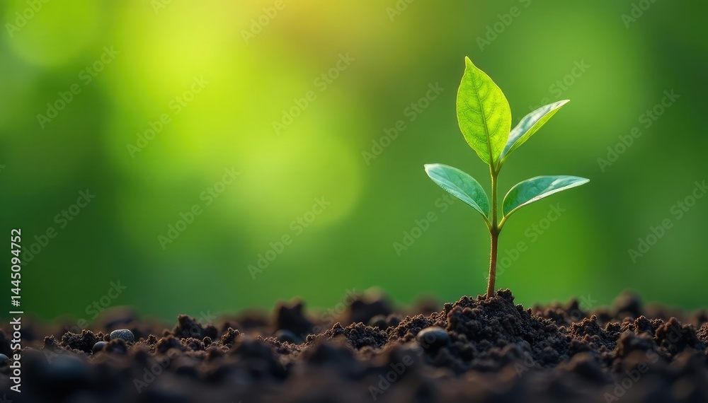 Naklejka premium Small tree seedling, thin trunk, fresh foliage , botanical, wood, vibrant