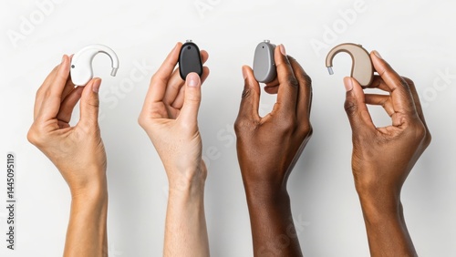 hearing aids device innovation concept Hands of diverse individuals holding hearing aids, emphasizing accessibility and inclusivity.