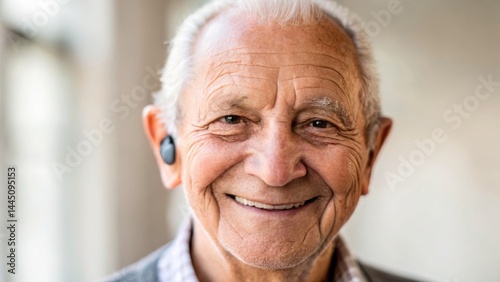 hearing aids device innovation concept Smiling elderly man with a warm expression, showcasing wisdom and experience.