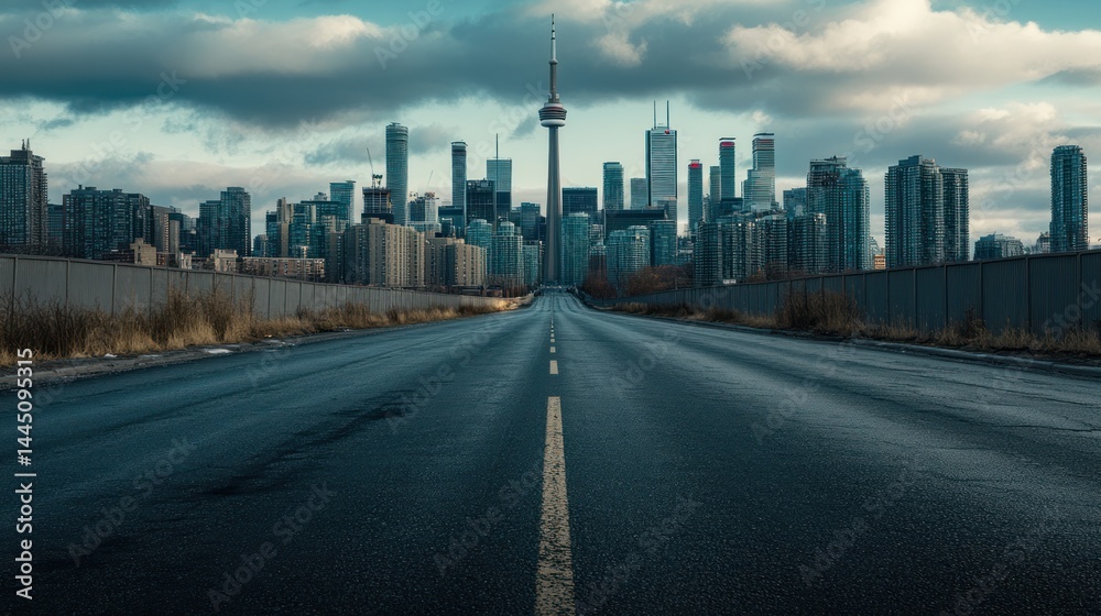 Fototapeta premium Empty road leading to city skyline