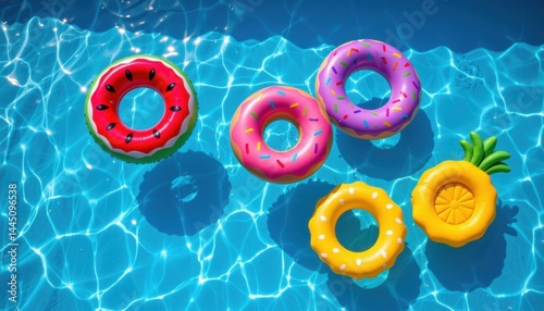 Summer fun colorful pool floats backyard pool photography bright water aerial view leisure and relaxation