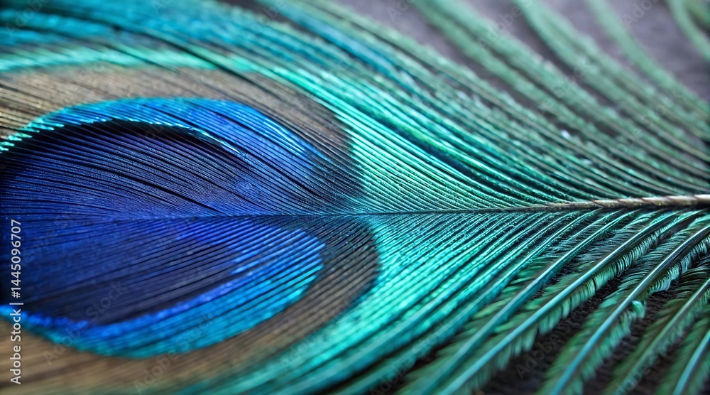 Fototapeta premium Peacock Feather's Artistry: A close-up showcases the exquisite beauty and intricate details of a single peacock feather, with its vibrant colors and natural patterns.