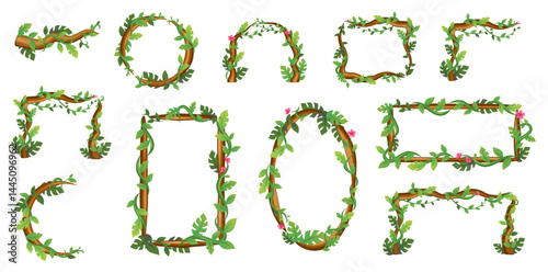 Jungle frames. Tree foliage. Rainforest liana.