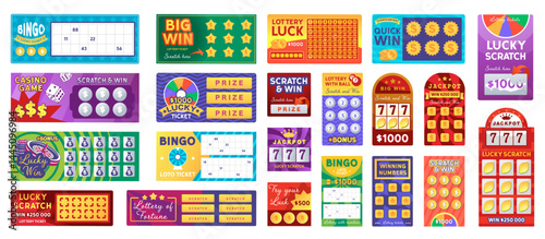 Realistic bright lottery ticket set. Lucky bingo card set icon