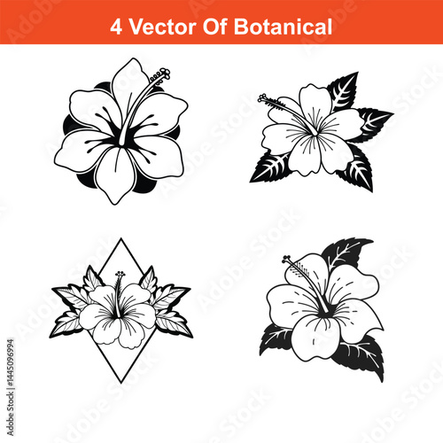 Hibscus Flower Continuous Line Drawing with Editable Stroke,Black and white hibiscus flowers, branch, leaf