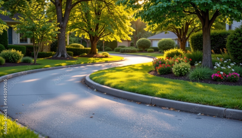 Scenic curved pathway through lush green trees residential area nature photography serene environment early morning light Scenic curved pathway through lush green trees residential area nature photography serene environment early morning light